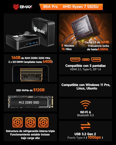 BMAX Mini PC, CPU AMD Ryzen 7 5825U (8C/16T, hasta 4,5 GHz), para Oficina, Ordenador Pequeño, Desktop PC 16GB RAM DDR4 5