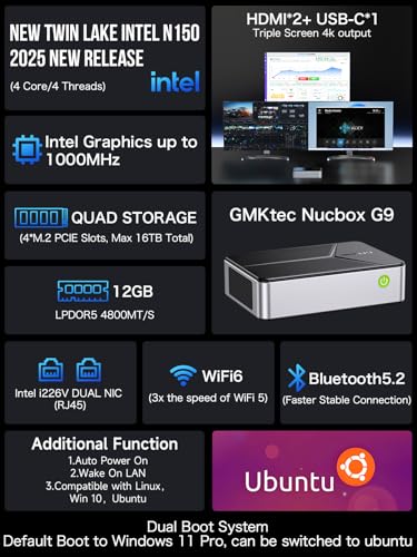 GMKtec Mini PC NAS para oficina Dual Boot 12GB DDR5 512GB SSD+64GB EMMC, 4 ranuras M.2 NVMe, G9
